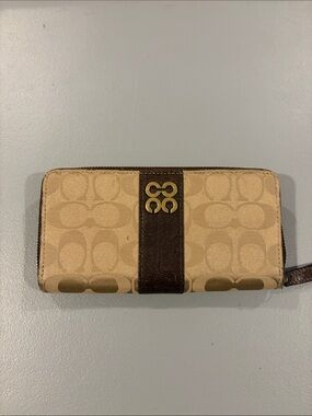 Coach Beige Signature Canvas Zip Wallet with Brown Center Stripe